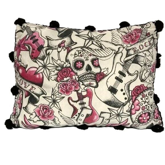 DAY of THE DEAD Rock Guitar Pink Roses Accent Throw Pillow 12 x 8 in Set of 2 - Picture 5 of 15